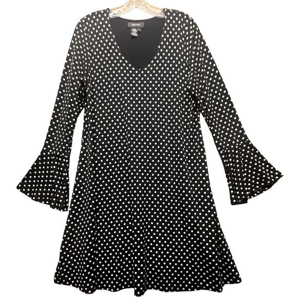 Karen Kane Flare Sleeve Polka Dot Dress Black White Sz L EUC Flirty Whimsigoth - Picture 1 of 16